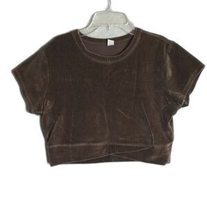 Brown Ribbed Velour Stretch Crop Top Women's L